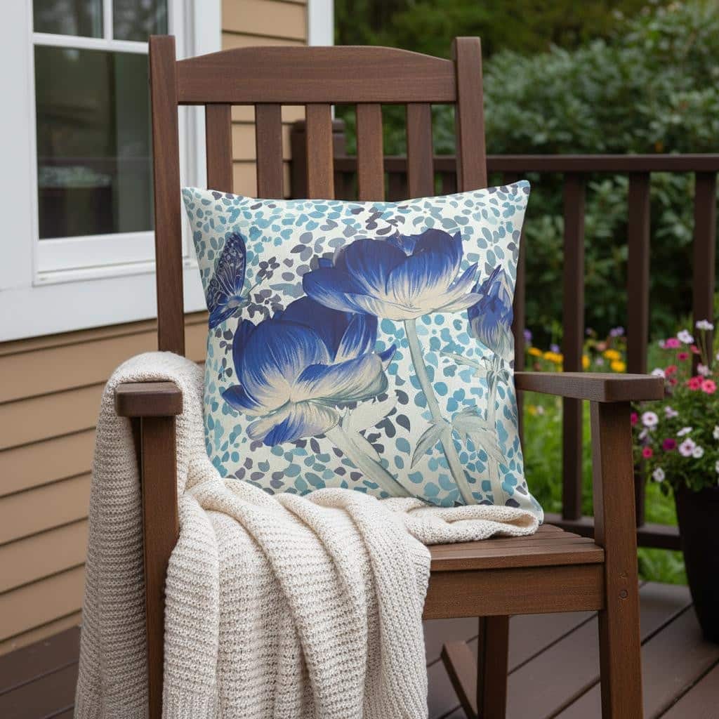 HomeRoots 26" x 26" Blue and White Butterfly Blown Seam Floral Indoor Outdoor Throw Pillow - 26.00' X '5.00' X '26.00
