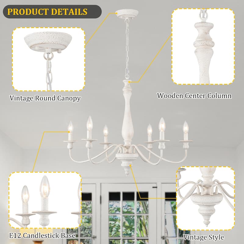 6-Light Dimmable Classic Chandelier, Candle Style Chandelier for Living Room Kitchen Island Dining Foyer