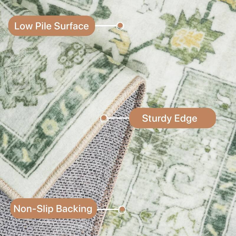 Mcow Green Floral Faded Low Pile Machine Washable Non-Slip Area Rug