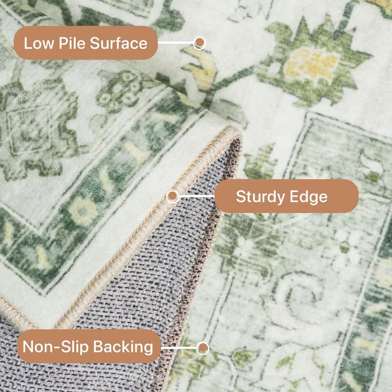 Mcow Green Floral Faded Low Pile Machine Washable Non-Slip Area Rug