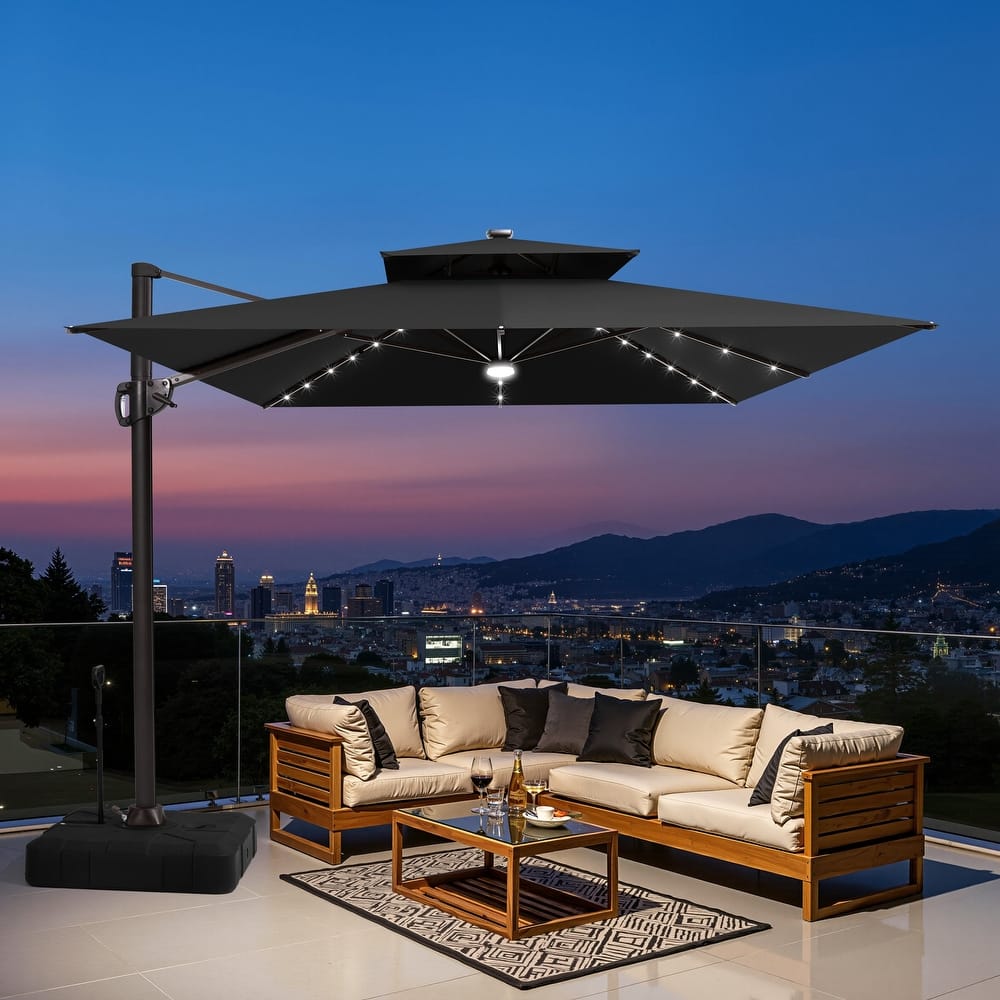 9 x 11 FT Outdoor Rectangular Solar LED Lights Double Top Patio Cantilever Offset Umbrella and Base with Wheels and Drag Rod
