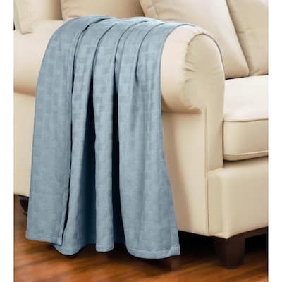 HomeRoots 50" X 60" Light Blue Cotton Basketweave Geometric Throw Blanket