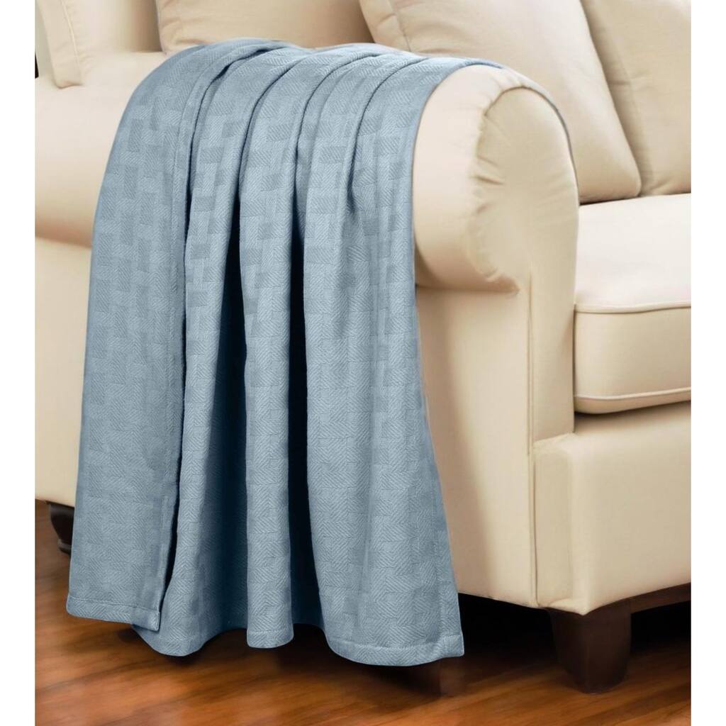 HomeRoots 50" X 60" Light Blue Cotton Basketweave Geometric Throw Blanket