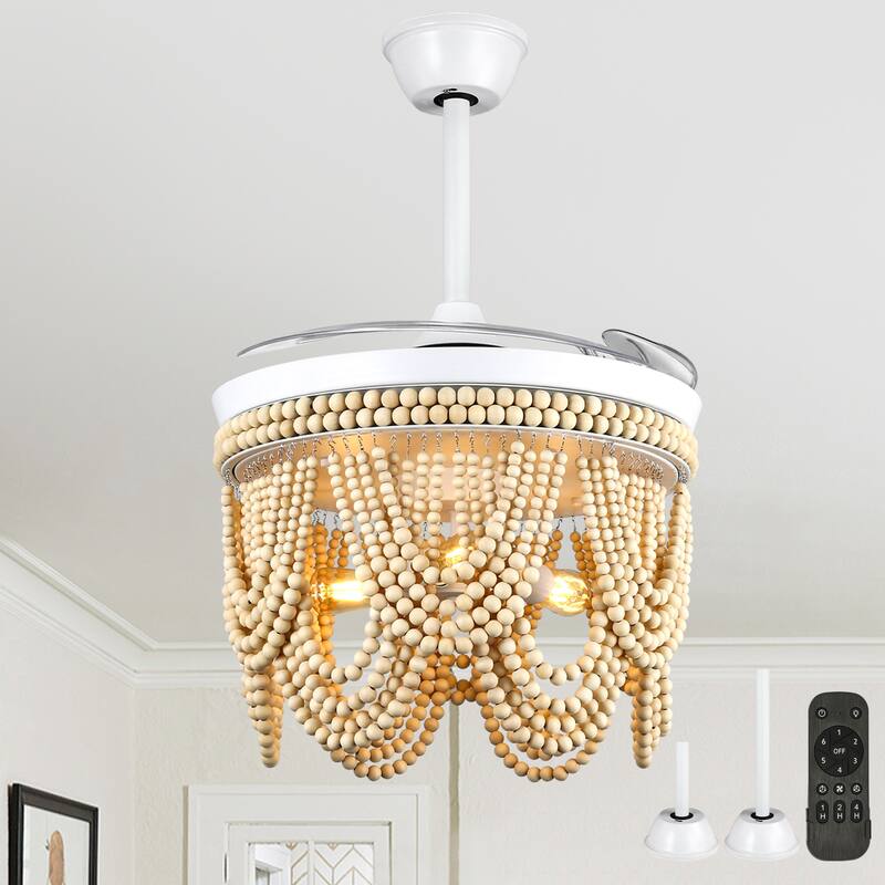 Cusp Barn 42" Retractable Ceiling Fan with Light, Farmhouse Wooden Bead Chandelier, Quiet DC Motor 6 Speeds Bohemian Ceiling Fan