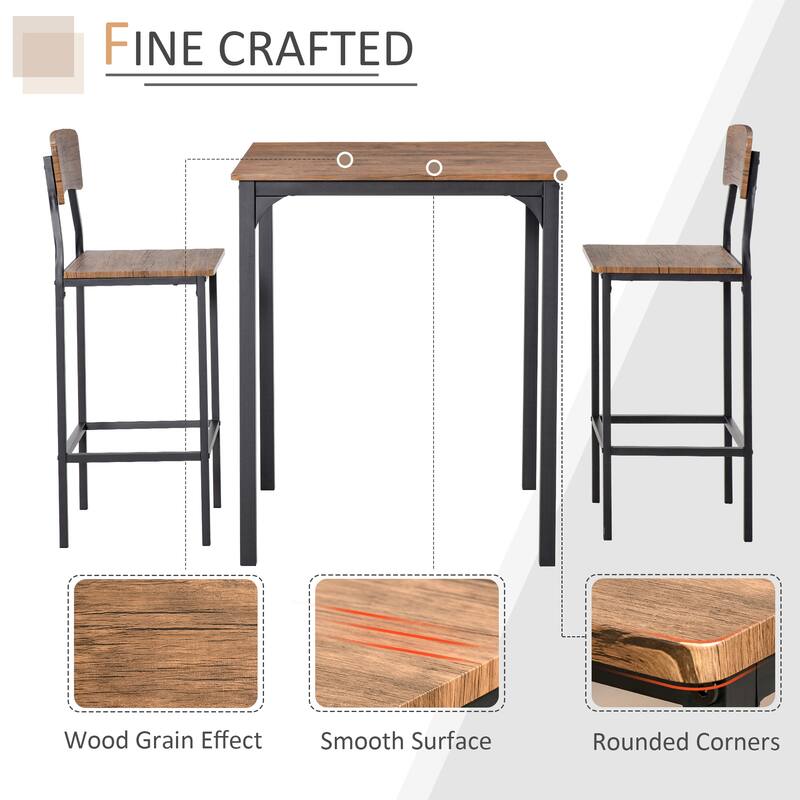 Modern Style 3-Piece Dining Set with Square Counter Height Bar Table and 2 Black Steel Footrest Open Back Dining Chairs