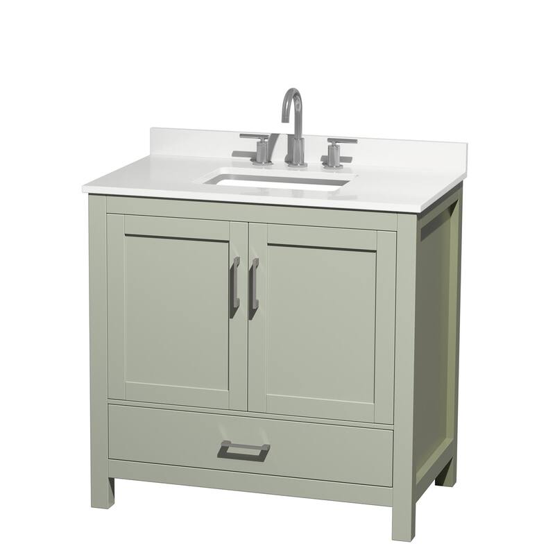 Sheffield 36-inch Single Vanity, 3 Hole Quartz Top - Light Green, Nickel Trim, White Quartz Top