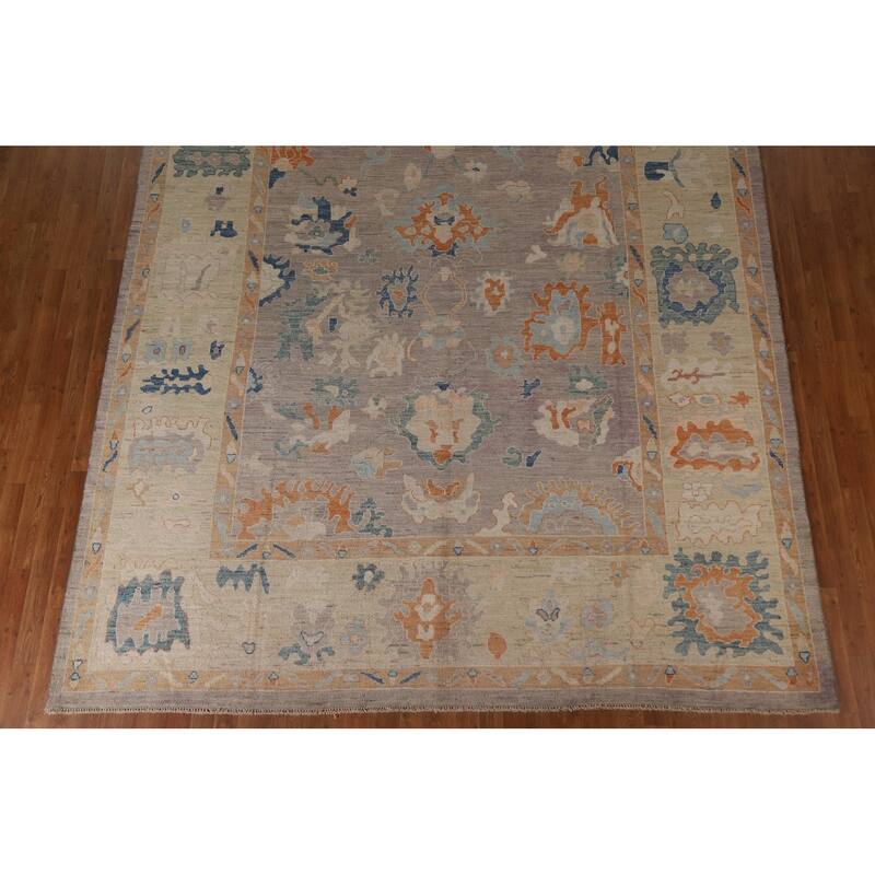Floral Oushak Turkish Area Rug Handmade Grey Wool Carpet - 9'4"x 12'2"