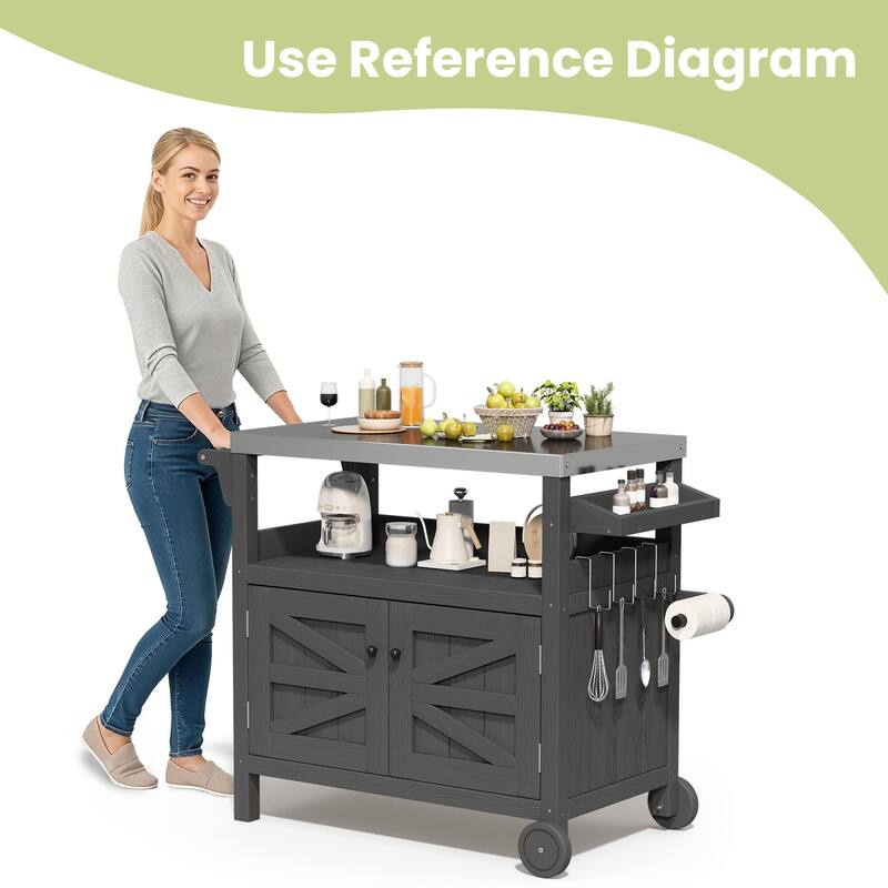 Outdoor Kitchen Cart with Stainless Steel Top, HDPE Patio Serving Cart with Storage
