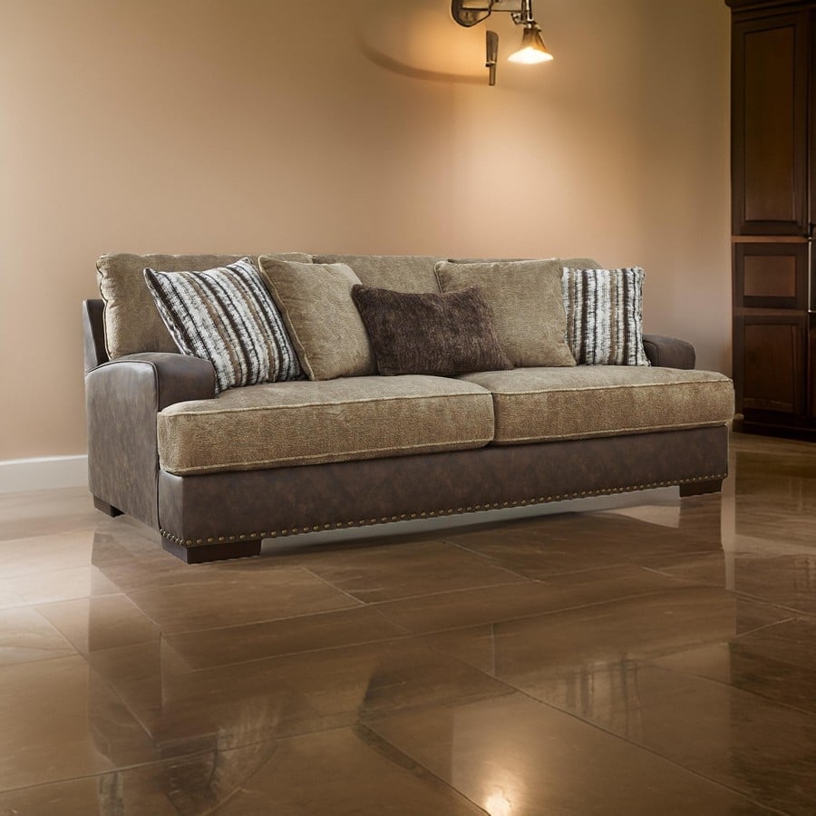 Srie 95 Inch Sofa, Nailhead Trim, 5 Accent Pillows, Brown Faux Leather