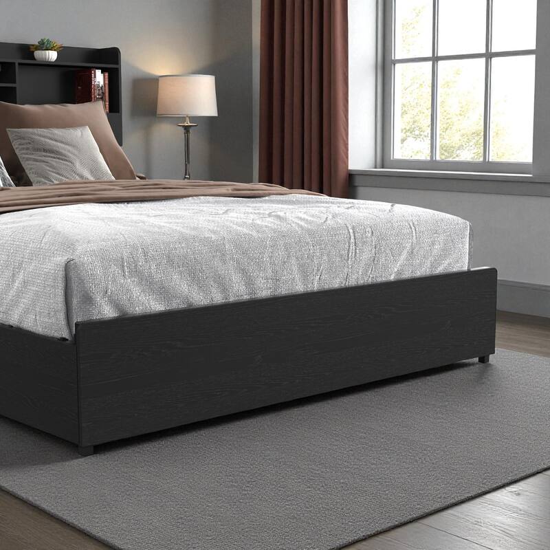 Bed Frame with 4 Storage Drawers, LED Headboard Shelf, Charging Station, No Noise Metal Platform Bed No Box Spring Needed