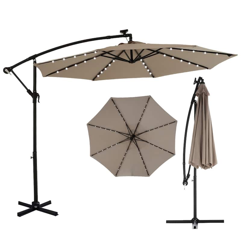 Outdoor Patio 10-Ft Solar LED Offset Hanging Umbrella - Khaki