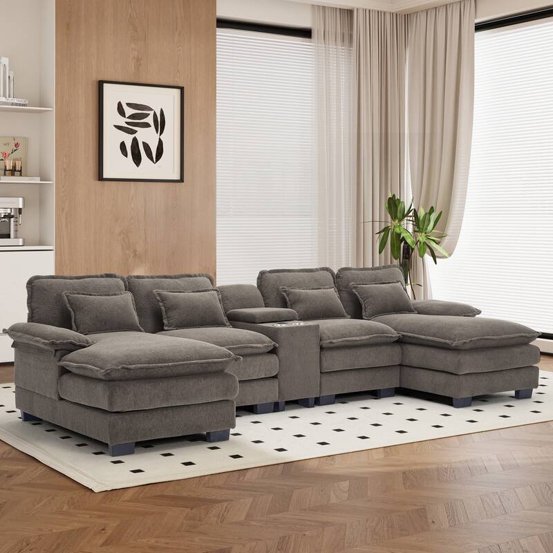 U-shaped Sectional Sofa Chenille Fabric Doudle Layer Cushion with USB Central Console