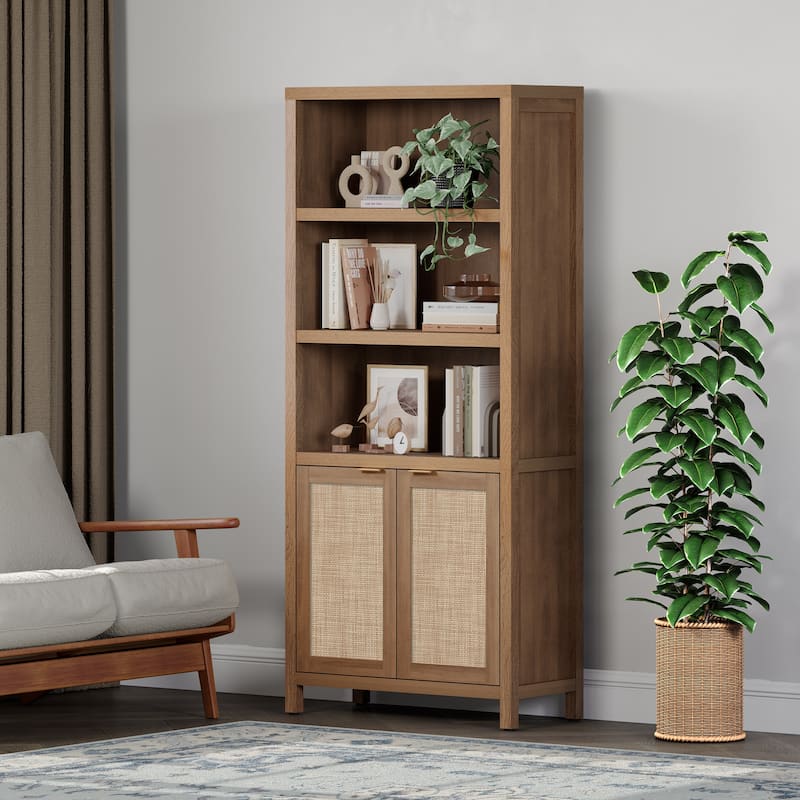 SICOTAS 5 Tier Adjustable Bookcase with Rattan Storage Cabinet