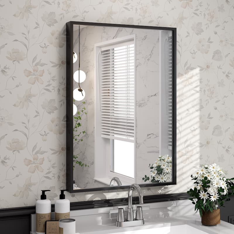 Tempered Glass and Metal Framed French Cleat Mounted Wall Bathroom / Vanity Mirror - 28" x 20" - Black