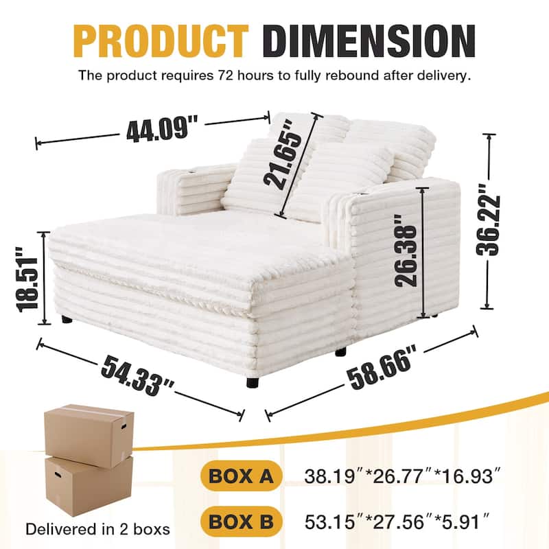 64" Oversized Chaise Lounge Chair Sofa Bed, Corduroy Upholstered Sleeper Chair with Wood Frame, Storage Pockets, Cup Holders