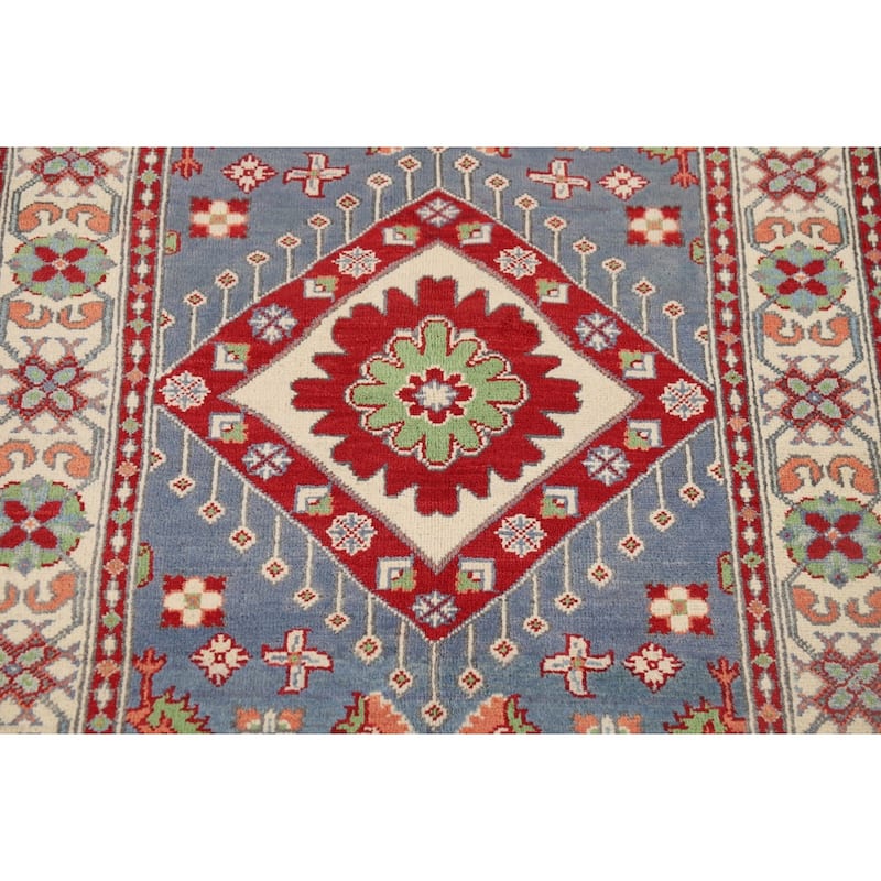 Geometric Blue Kazak Oriental Foyer Rug Hand-Knotted Wool Carpet - 3'4" x 4'11"