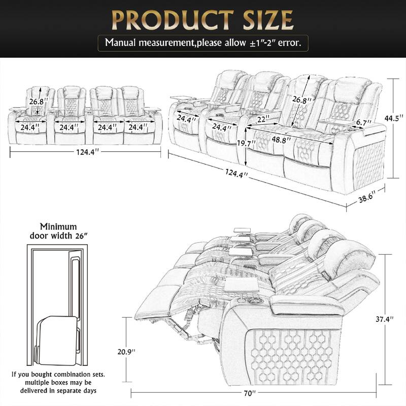 Roomfitters 124.4" Power Recliner 4-Piece Set, Top-Grain Nappa Leather, 21-Color RGB LED & USB-C Charging, Black