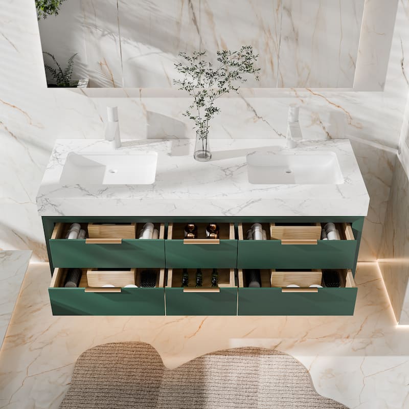 60" Wall-Mount Double Vanity with LED Light. - 60 inch