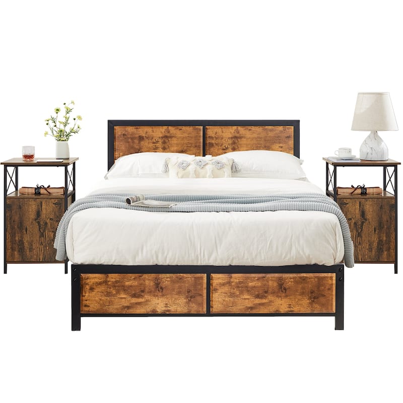 Javlergo Industrial 3-Piece Bedroom Set with Platform Bed Frame and Set of 2 Nightstands, Brown