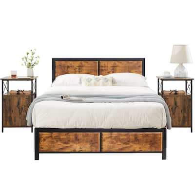 Javlergo Industrial 3-Piece Bedroom Set with Platform Bed Frame and Set of 2 Nightstands, Brown