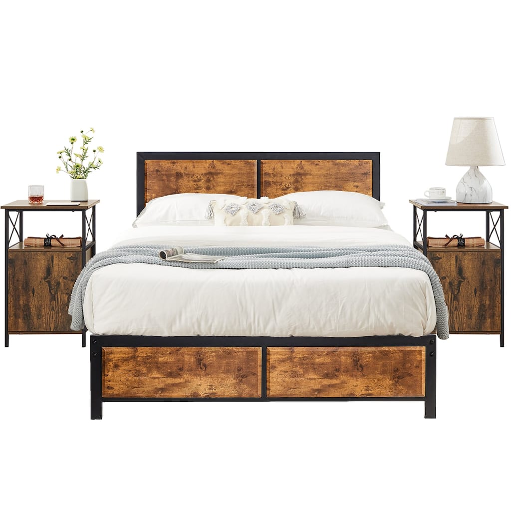 Javlergo Industrial 3-Piece Bedroom Set with Platform Bed Frame and Set of 2 Nightstands, Brown