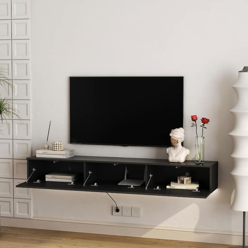 67" Modern TV Stand, Floating TV Stand Wall Mounted with 16 Color LEDs, TV Cabinet Entertainment Center with Cable Management