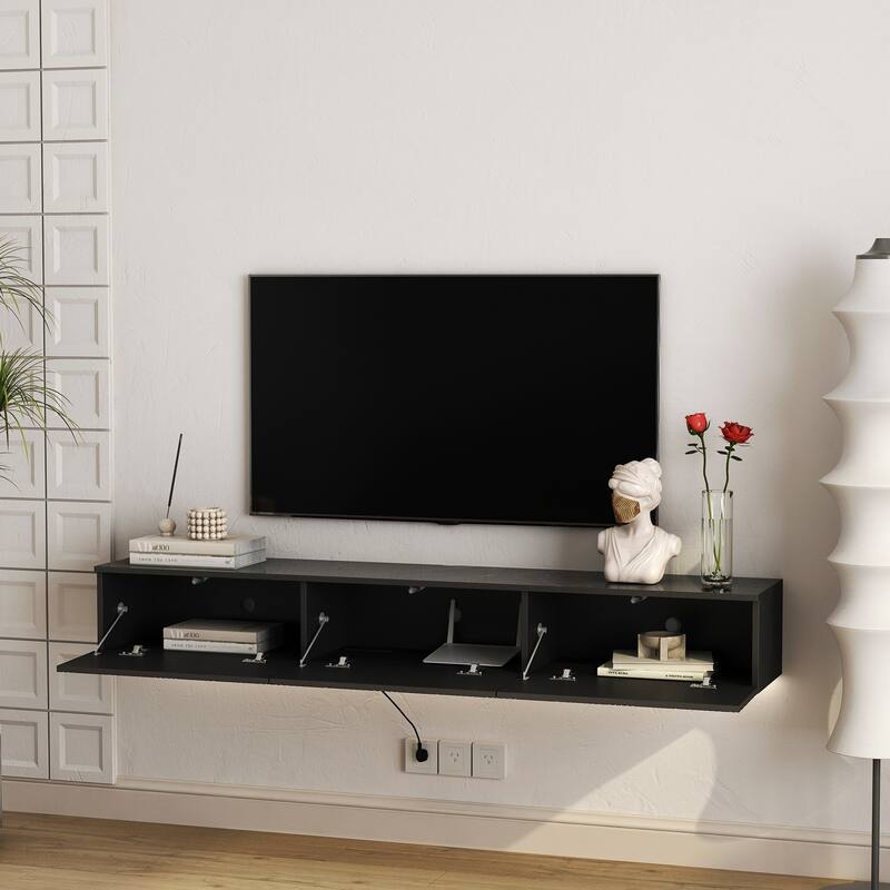 Modern Floating Wall-Mounted TV Cabinet, for 55/60/65 Inch TVs, with 16-Color LED Lighting, for Living Rooms, Black