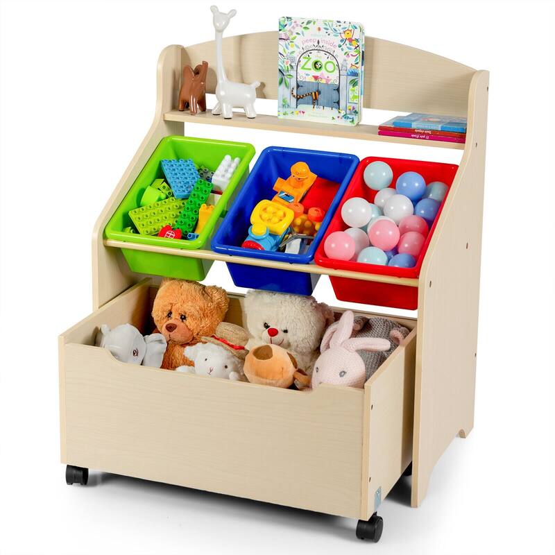 Kids Wooden Toy Storage Unit Organizer with Rolling Toy Box and Plastic Bins - 25" x 15" x 30" (L x W x H)
