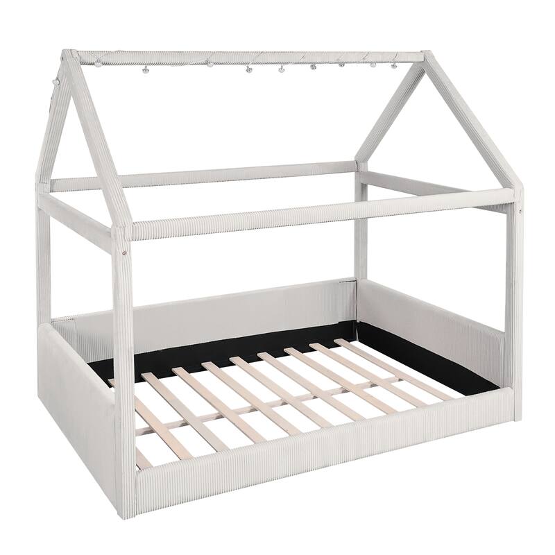Full Size Upholstered Bed Frame Floor Daybed House Bed with House Roof LED Light Strips and Wood Slat Support for Childrens Room