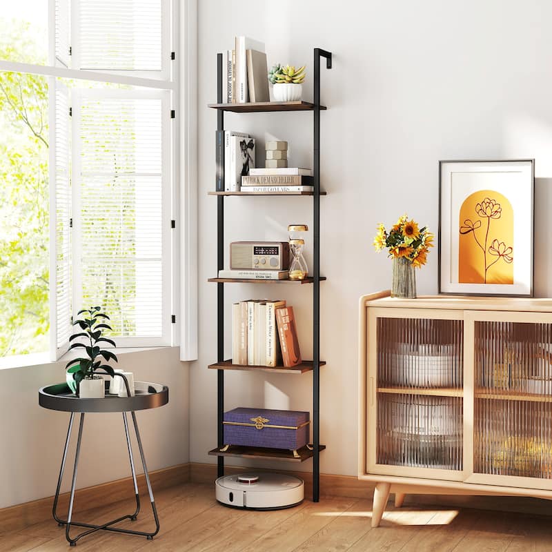 Rustic Brown Engineered Wood Ladder Bookshelf with Metal Frame - 17" x 12" x 70"