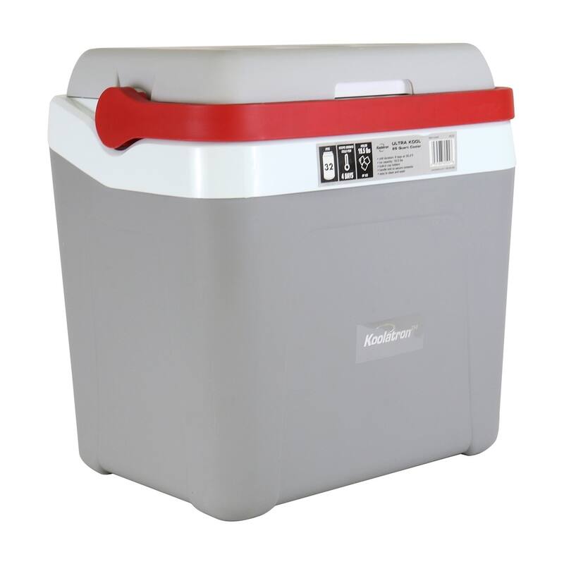 Koolatron Ice Chest Cooler w/ Locking Carry Handle, 25L (26 qt), 32 Can Capacity, Gray and Red