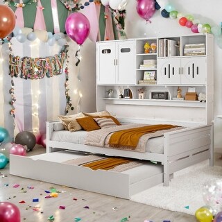 Wooden Full Size Daybed with Twin Size Trundle and All-in-One Cabinet