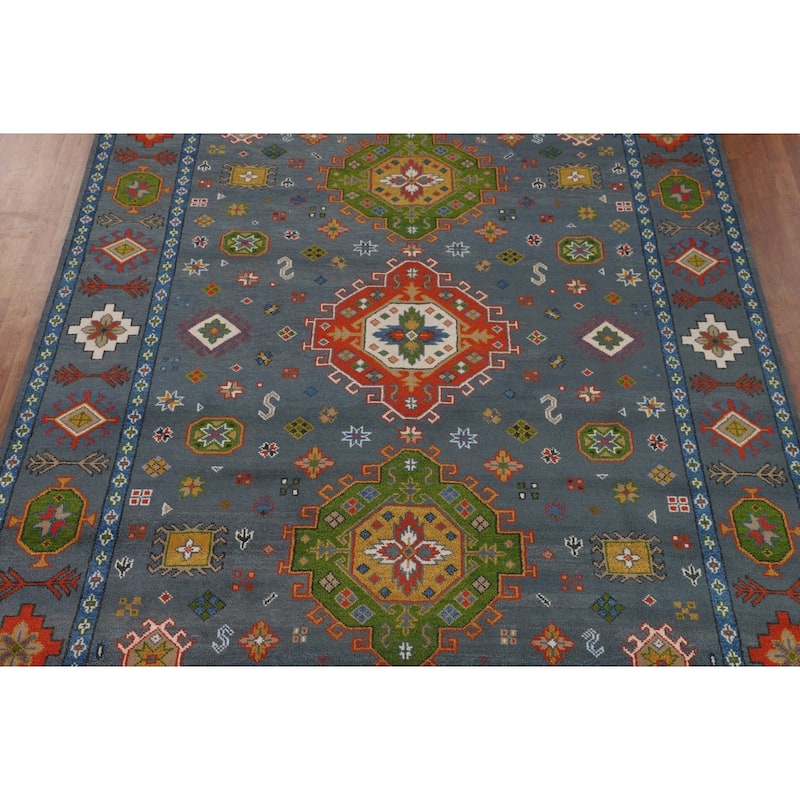 Blue Geometric Kazak Oriental Area Rug Hand-Knotted Wool Carpet - 9'3" x 11'7"