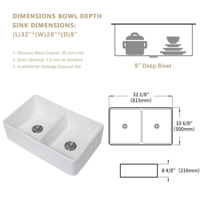 Kichae 32 Inch Ceramic Sink Undermount Double Bowl Low Divider White Kitchen Sink - 32 in.W x 20 in.D x 9 in.H