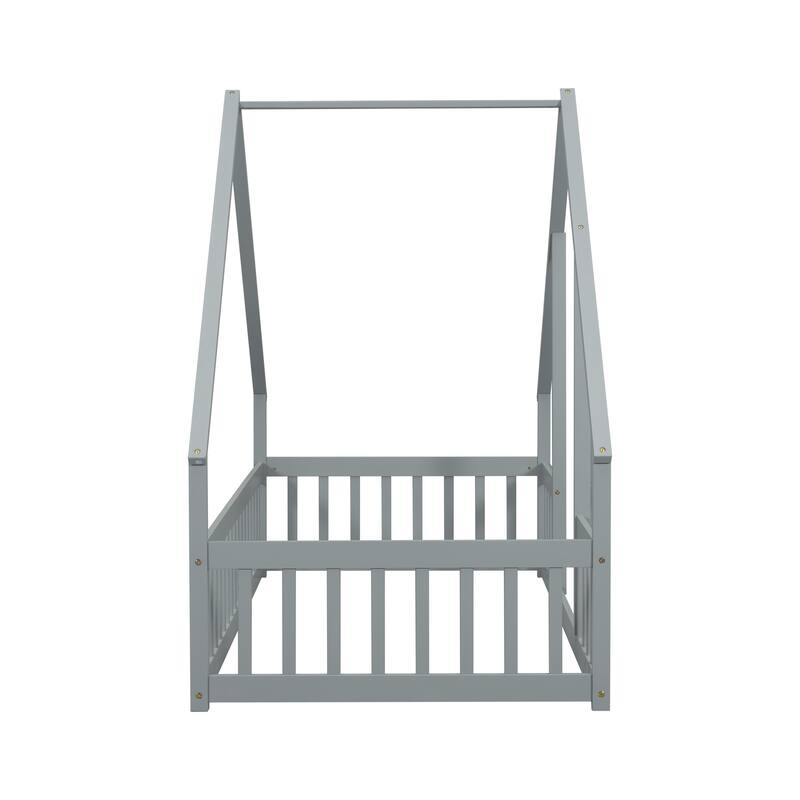 Twin Size Grey Wooden House-Shaped Floor Bed with Safety Fence and Guardrails