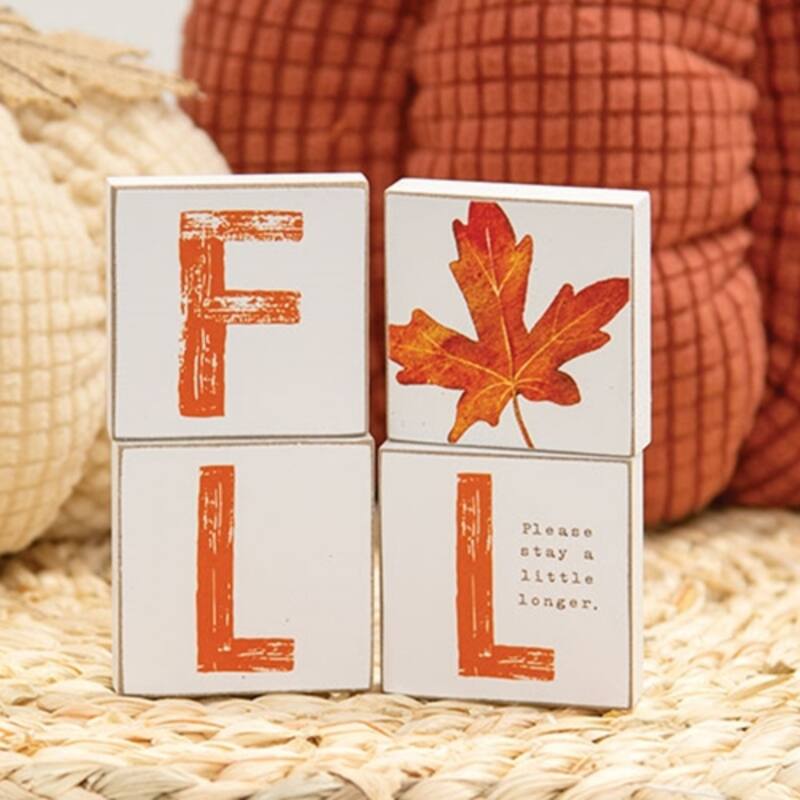Set of 4 White Orange Wooden Fall Blocks with Leaf Accent “Stay a Little Longer” Decor 2x2 in - 2 x 0.50 x 2 in.
