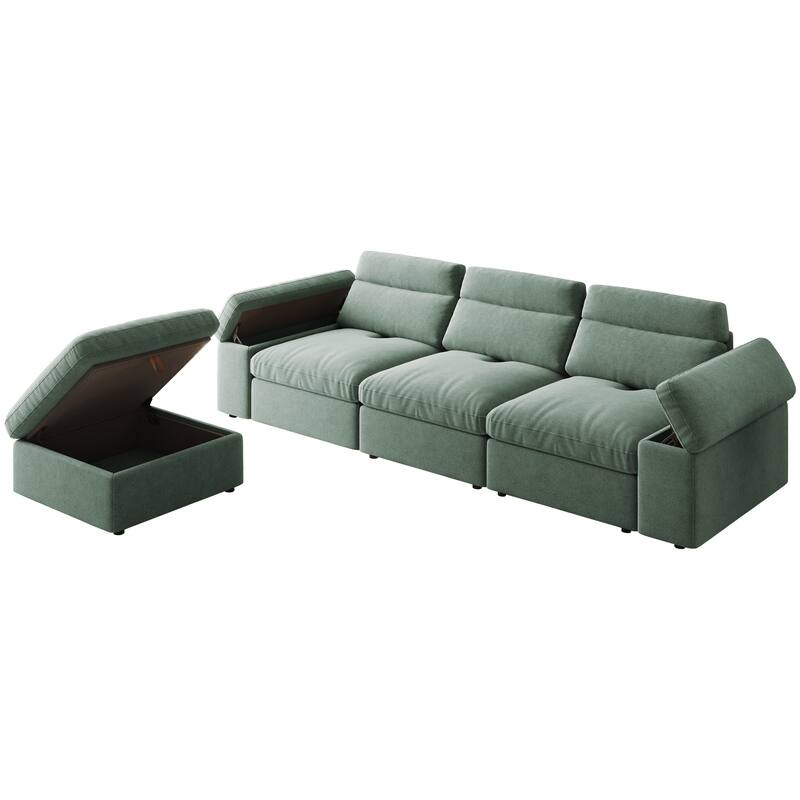 Down Filling Upholstered L-shaped Sectional Sofa with Storage Ottoman and Armrests, Chaise Modular Couch with Adjusted Backrest