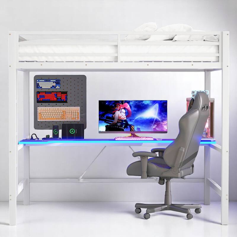Twin/Full Size Gaming Metal Loft Bed with Desk, Remote LED Light & USB Charging Station - Space-Saving Frame
