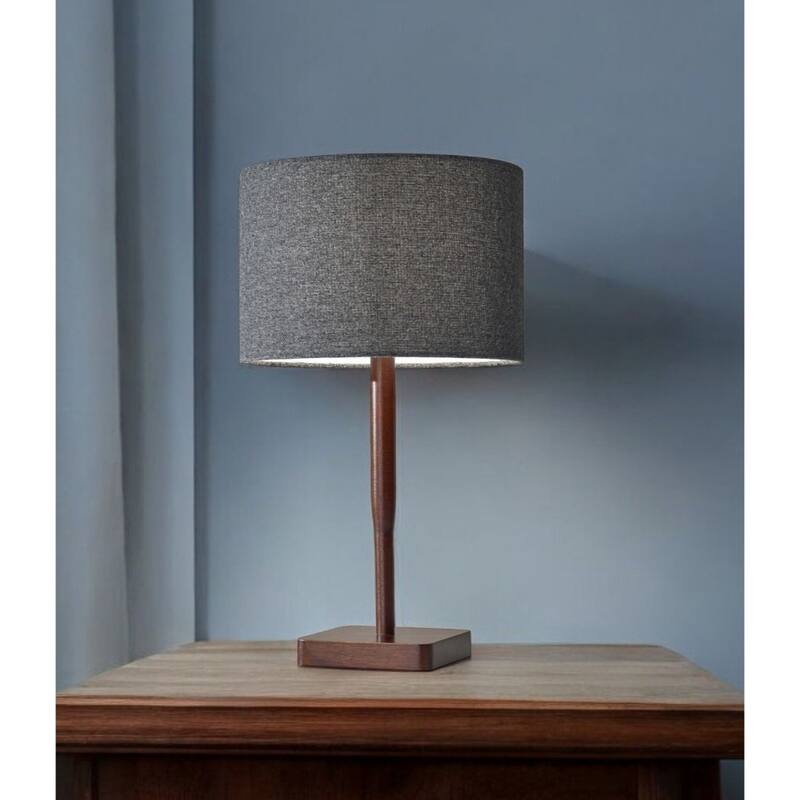 Brown Solid Wood Base Table Lamp with Black Drum Shade Rotary Switch - 8” x 8” x 21” (D x W x H)