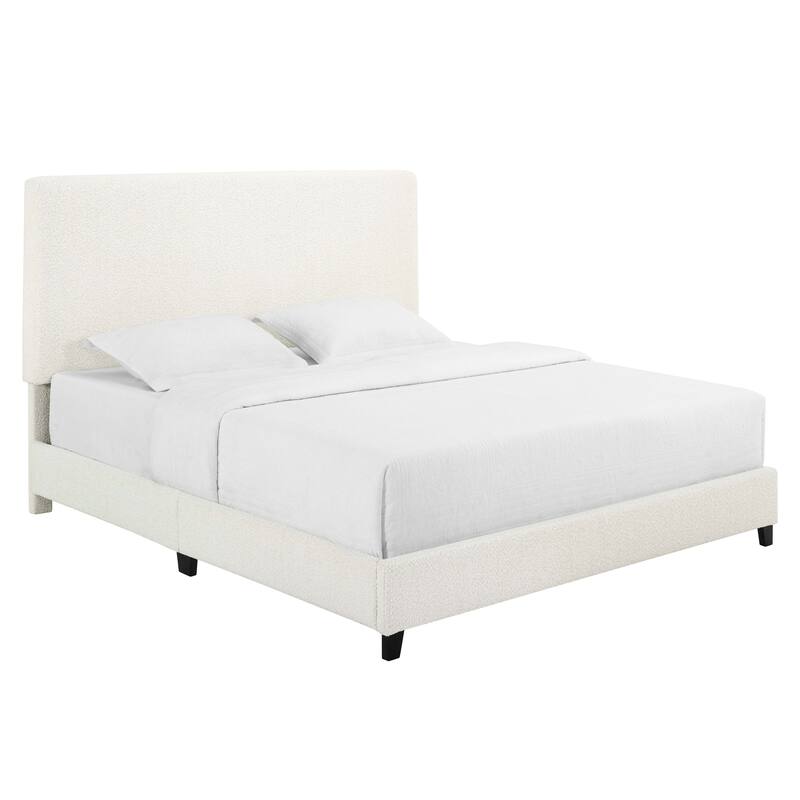 Queen Size White Boucle Upholstered Platform Bed with Padded Headboard