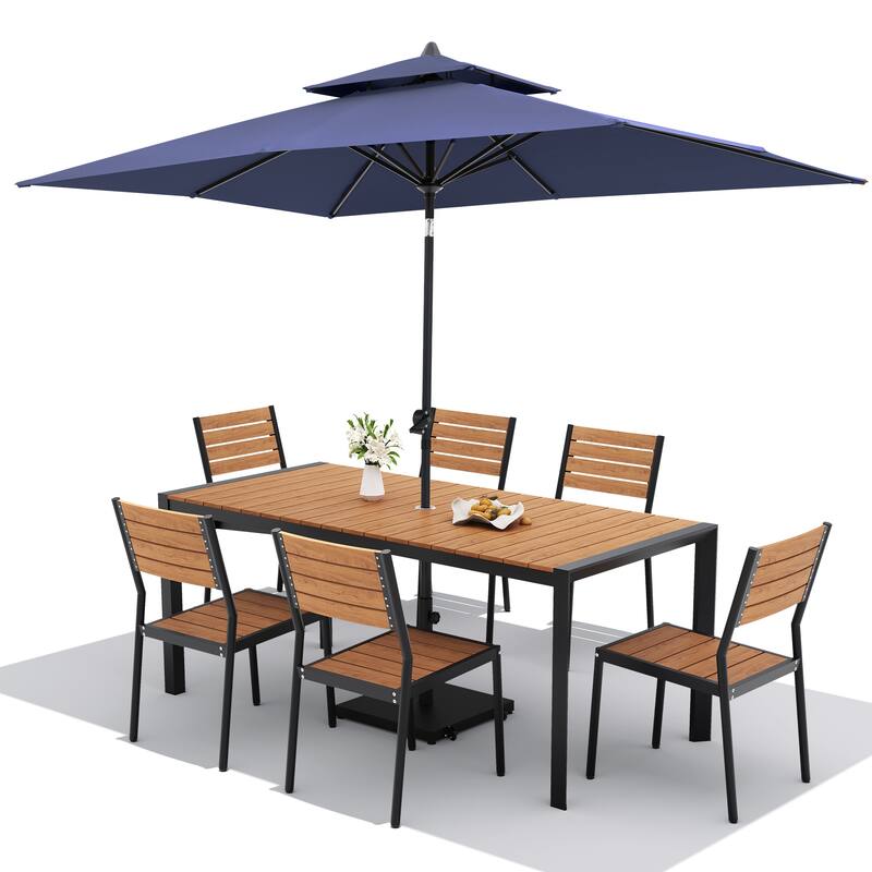 Set of 9 Outdoor Patio Dining Set WoodLike Aluminum Umbrella Hole Table with Stackable Chairs, Double Top Market Umbrella Set