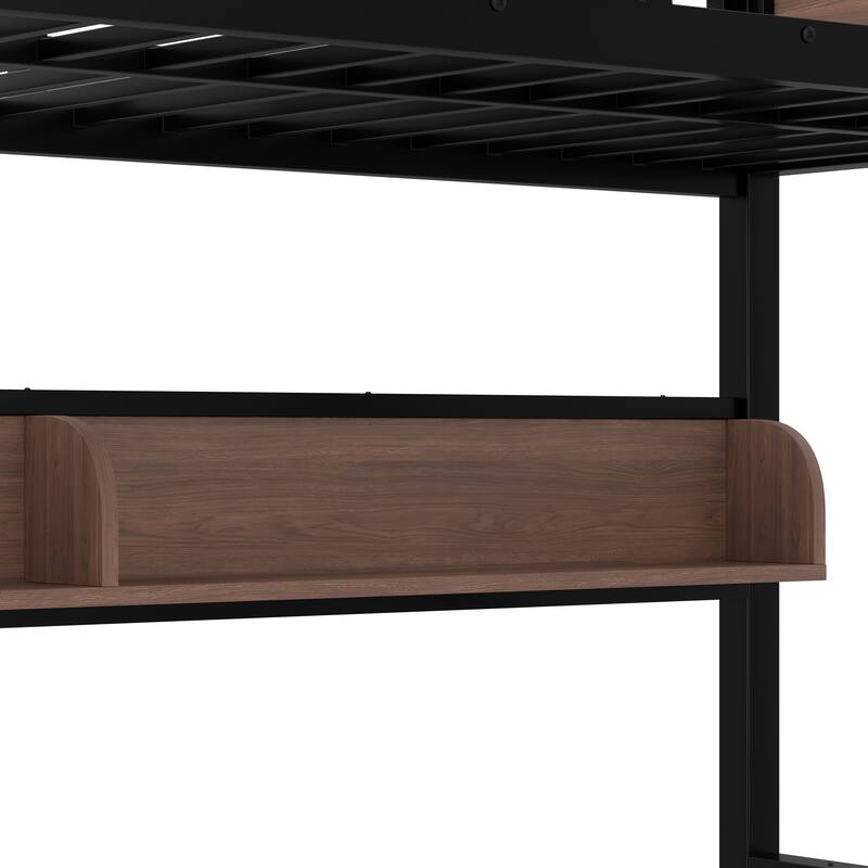 Twin over Full Bunk Bed, Metal Bunk Bed with Storage Shelves and Lights, Space-saving & Noise-free Design, Black