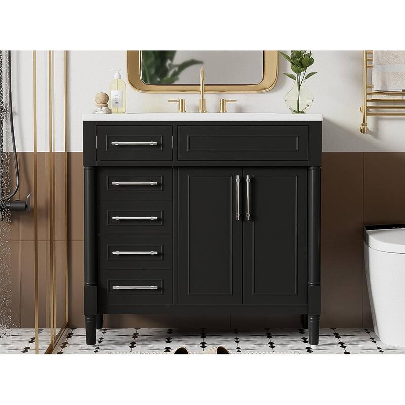 Bathroom Vanity with Top Resin Sink, Bathroom Storage Cabinet with Adjustable Shelf, Vanity Set with Tip-out Drawer