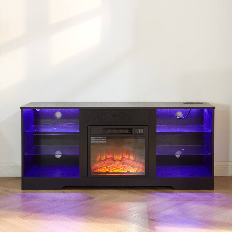 3D LED Electric Fireplace TV Stand,60" Max TV Capacity,Glass Shelves,USB Charging Port & LED Lighting,58"W x 15.5"D x 24.4"H