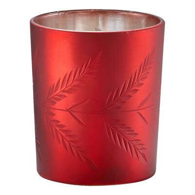 Christmas Red Sprig Etched Glass Tealight Candle Holder Tabletop Mantel Centerpiece Decorations, 3.5 inch