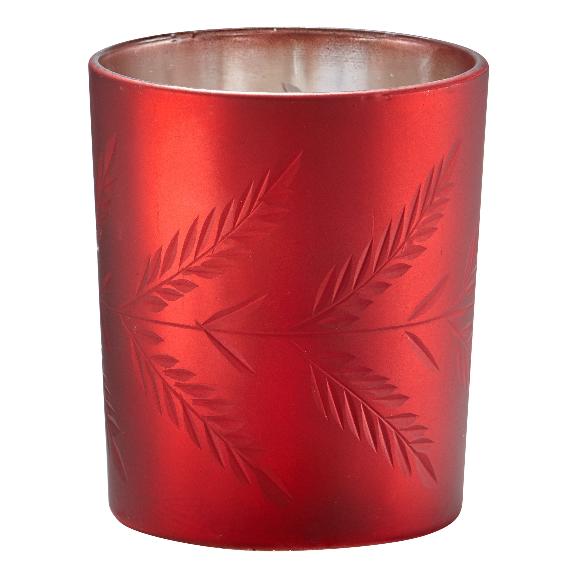 Christmas Red Sprig Etched Glass Tealight Candle Holder Tabletop Mantel Centerpiece Decorations, 3.5 inch