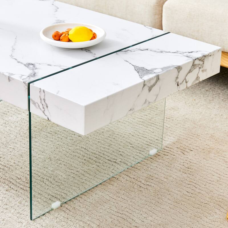 Roomfitters White Marble MDF Coffee Table with Tempered Glass Legs, Side or Display Table for Modern Living Room