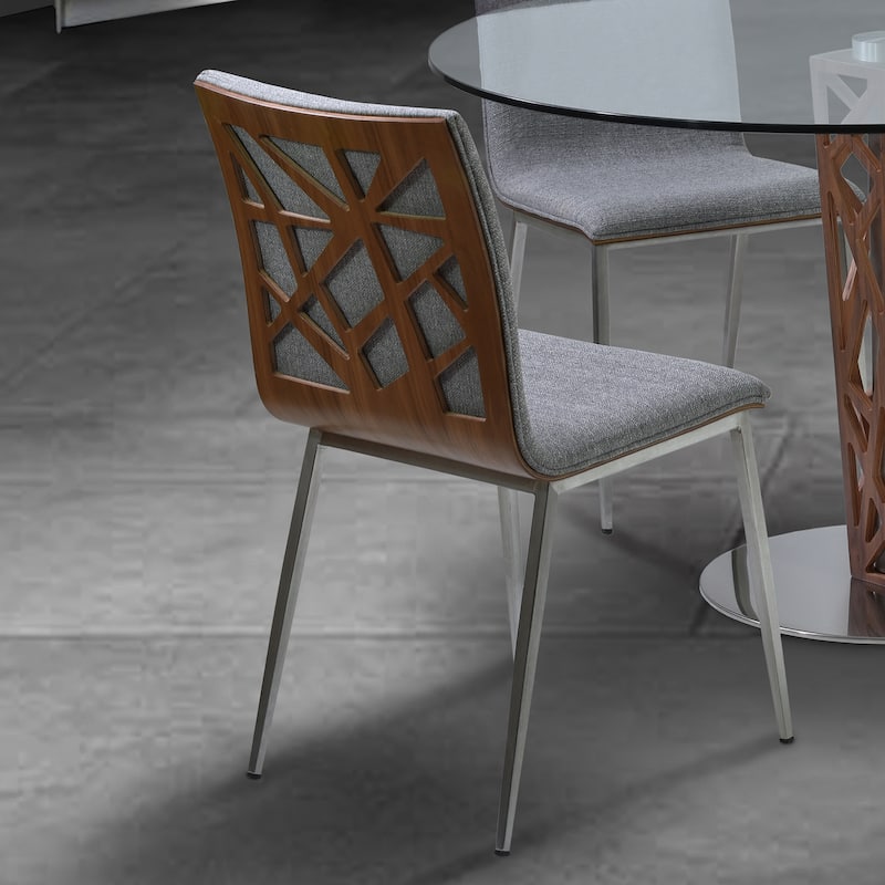 Crystal Dining Chair in Brushed Stainless Steel finish with Gray Fabric and Walnut Back - Set of 2 - Grey