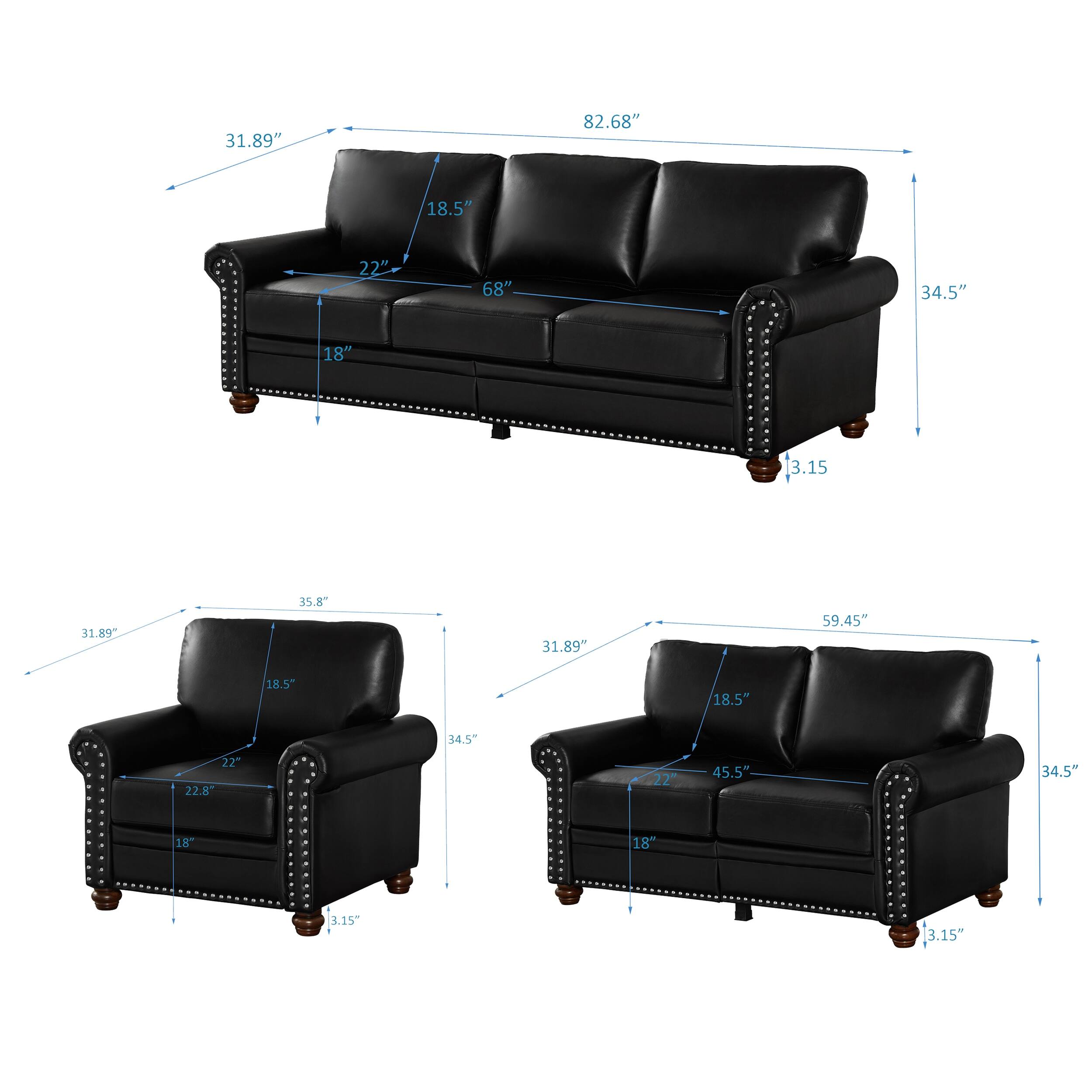 3pc Black Leather Sectionals, Recliner Loveseat Nailhead Arms Chair