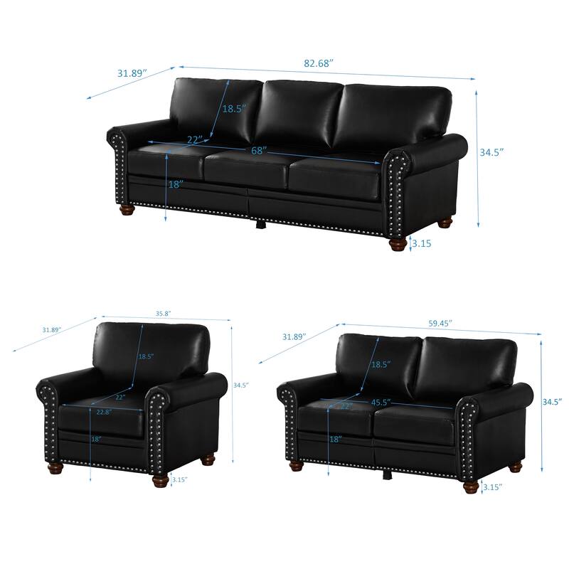 Living Room PU Sofa Set with Storage Sofa, 1+2+3 Sectional with Silver Nails and Solid Wood Legs